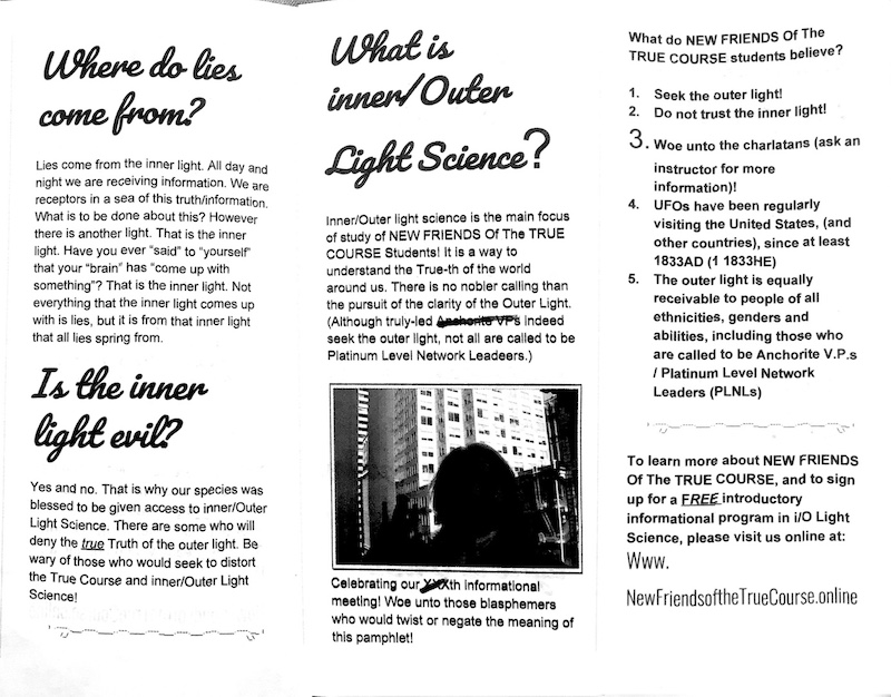 Informational pamphlet about religion. New Friends of the True Course is not a religion because religions lie!