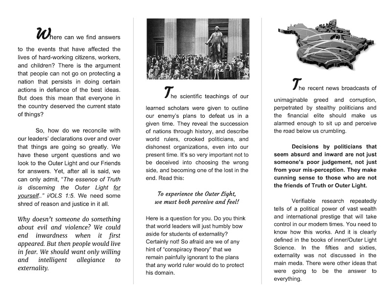 Informational pamphlet about America today. Follow the Outer Light!